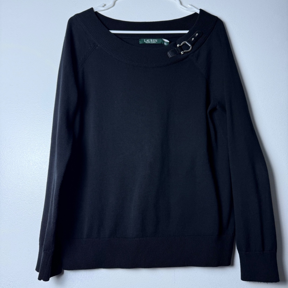 Lauren Ralph Lauren Black Knit Sweater Buckle‎ Detail Boat Neck Top Size M